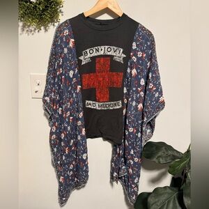 Custom Bon Jovi 'Bad Medicine' Graphic Tee with Floral Kimono Batwing Sleeves